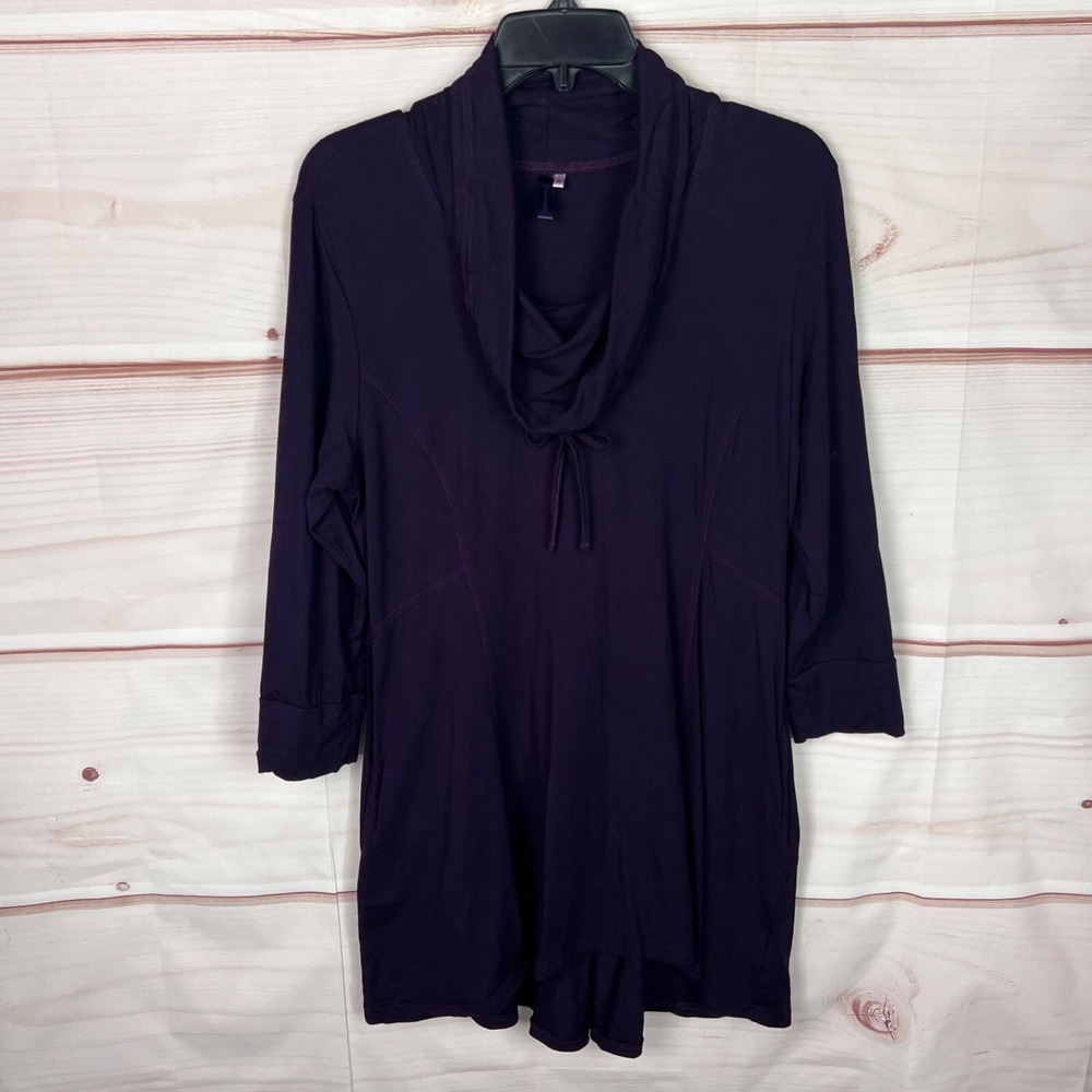 Heartstring Top Womens M Purple Cowl Neck Tunic 3/4 Sleeve Pockets Pullover Knit